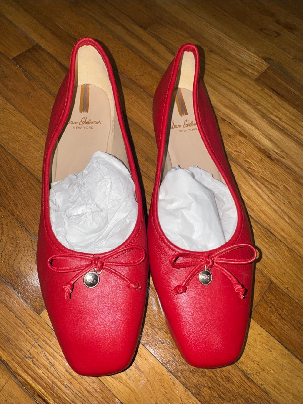 Sam Edelman Red Leather Square-Toe Ballet Flats with Bow